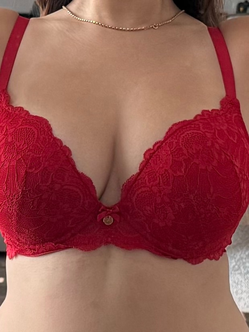 Red Lace Push-Up Underwire Bra with Decorative Charm